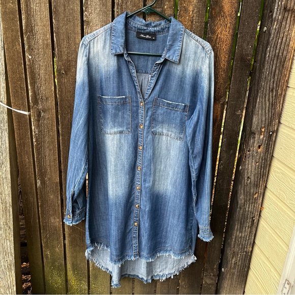 Anna Grace Tencel Chambray Raw Edge Hem Shirt Dress Sz L - Picture 8 of 14